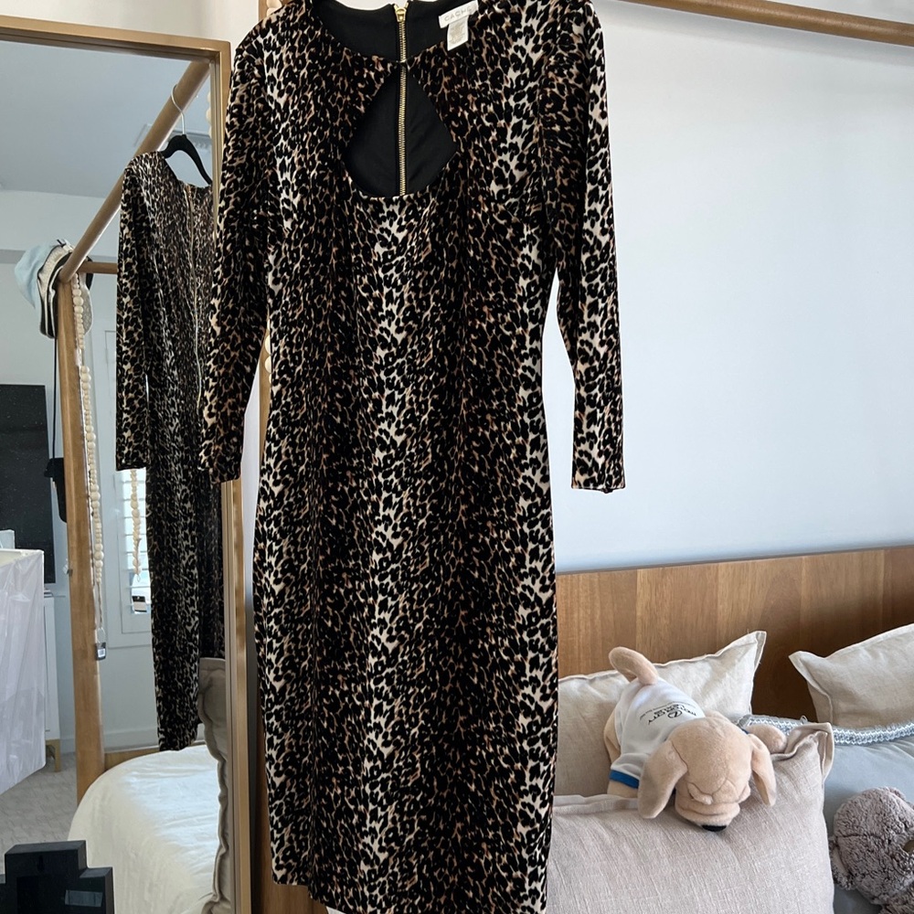 Classy !!! Cache Black and White brown Animal Print Long Sleeve Dress well made